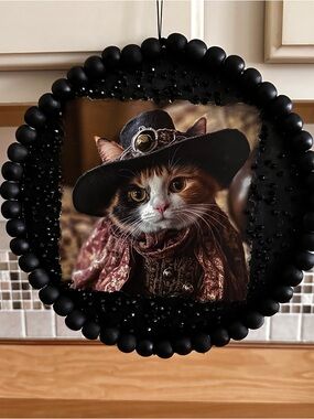 Hand Crafted Black Beaded Framed Cat Portrait